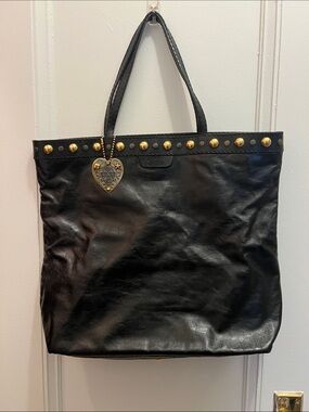 Gucci Black Leather Tote with Gold Studs and Heart Charm